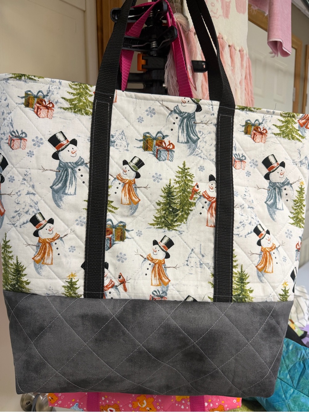Festive Snowman Quilted Tote Bag - White & Gray